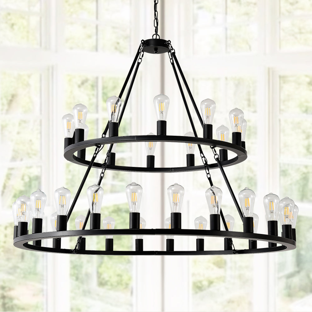 48 Inch Black Extra Large Wagon Wheel Chandelier, 2 Tier 36-Lights(No Include) Farmhouse Industrial Round High Ceiling Pendant Light Adjustable Chain, for Dining Room, Living Room,Kitchen
