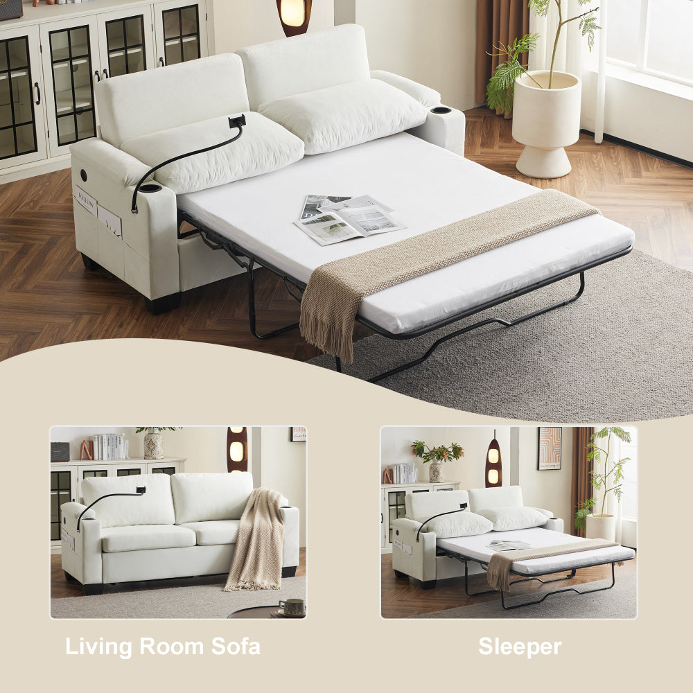 Pull-out sofa bed, chenille material, pull-out queen sofa bed, with USB charging, mobile phone holder, memory sofa, removable and washable cushions, suitable for living room, bedroom, apartment, white