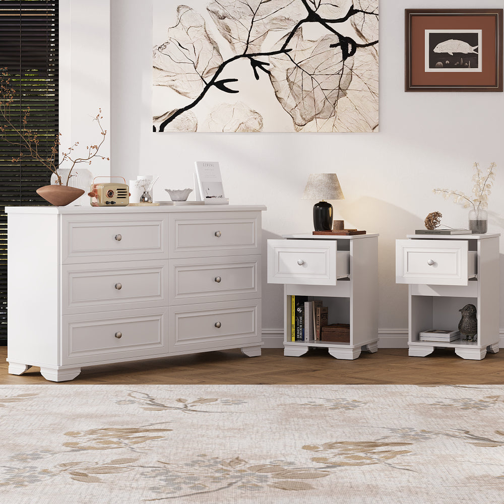 3-Pieces Bedroom Set, 6-Drawer Dresser and Two Nightstands with Metal Handles, Elegant Design and Retro Style,White