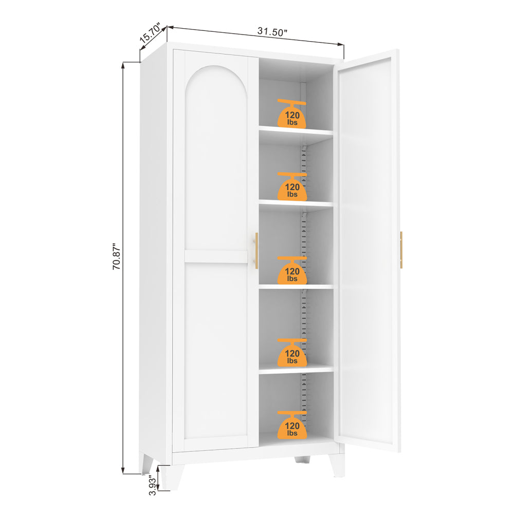 71'' 2 Shapely Doors Cabinet, Metal Storage Cabinet with Doors and Adjustable Shelves, for Bedroom, Living Room, Kitchen(White)