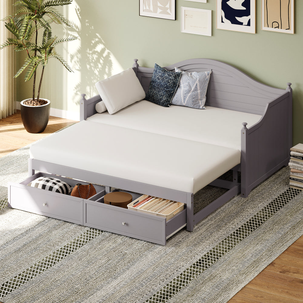 Twin Size Wood Daybed Extended Bed with Storage Drawers Wooden Sofa Bed for Living Room Guest Room, White (Old SKU:BS701P210919K)