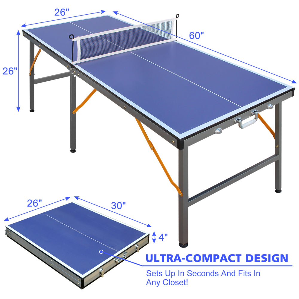 5ft Mid-Size Table Tennis Table Foldable & Portable Ping Pong Table Set for Indoor Games with Net, 2 Table Tennis Paddles and 3 Balls