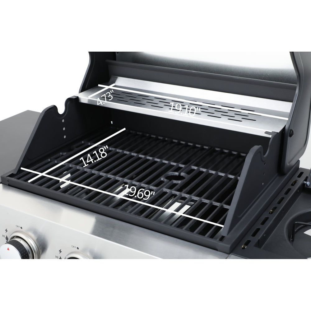 3-Burner Propane Gas BBQ Grill with Side Burner, 37230BTU Output With Enameled Cast Iron Cooking Grids For Outdoor Barbecue, Stainless Steel
