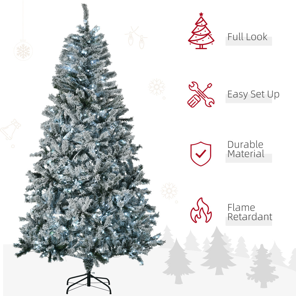 HOMCOM 7.5' Flocked Artificial Christmas Tree with Cold White LED Lights