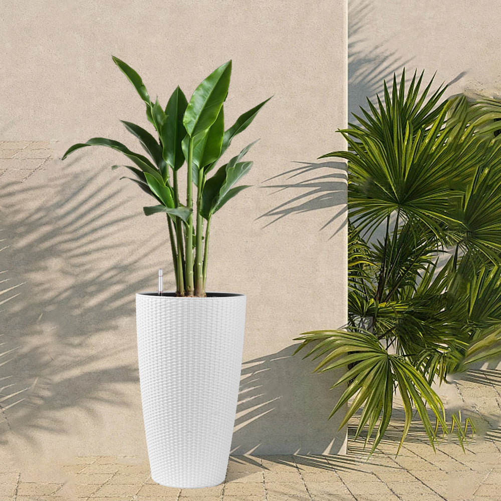 Set of 2 Faux Rattan Tall Planters Outdoor Indoor Large Planters with Water Level Monitor Inner Bucket, Automatic Watering, Flower Plant Pots for Garden, Patio, Porch, Backyard (White, 22 inch )