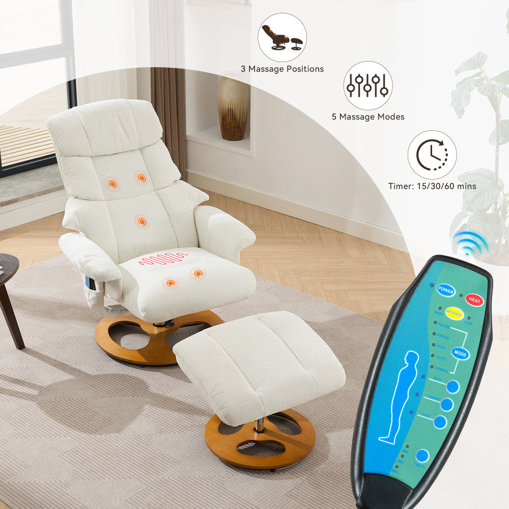 010-Ergonomic Recliner Chair with Ottoman, Modern 360° Swivel Lounge Chair with Footstool, Chenille Fabric, 5 Point Vibration Massage, Seat Heating & 140° Adjustable Backrest for Home or Office, White