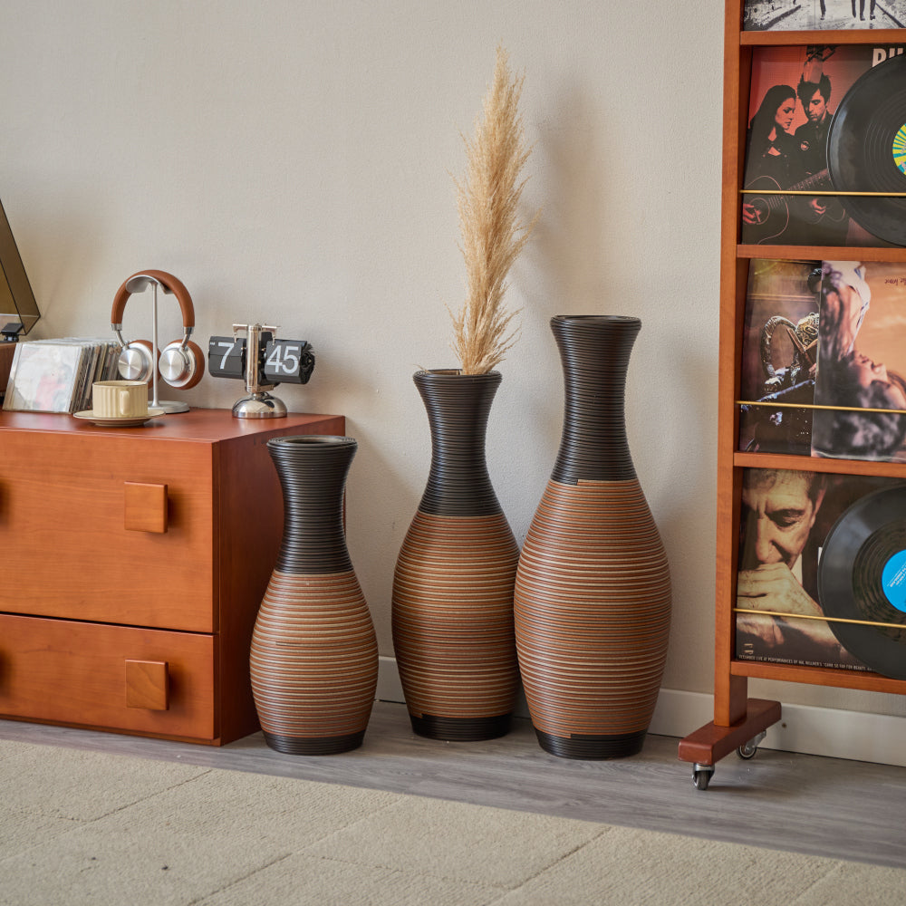Set of 3 designer floor vases, large vases for home decor flooring, artificial rattan floor vases, brown floor vases for living rooms or corridors