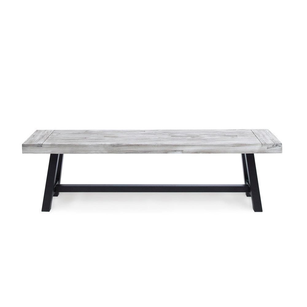 Light Grey Sandblast Finish Acacia Wood Dining Bench with Black Rustic Metal Finish Frame