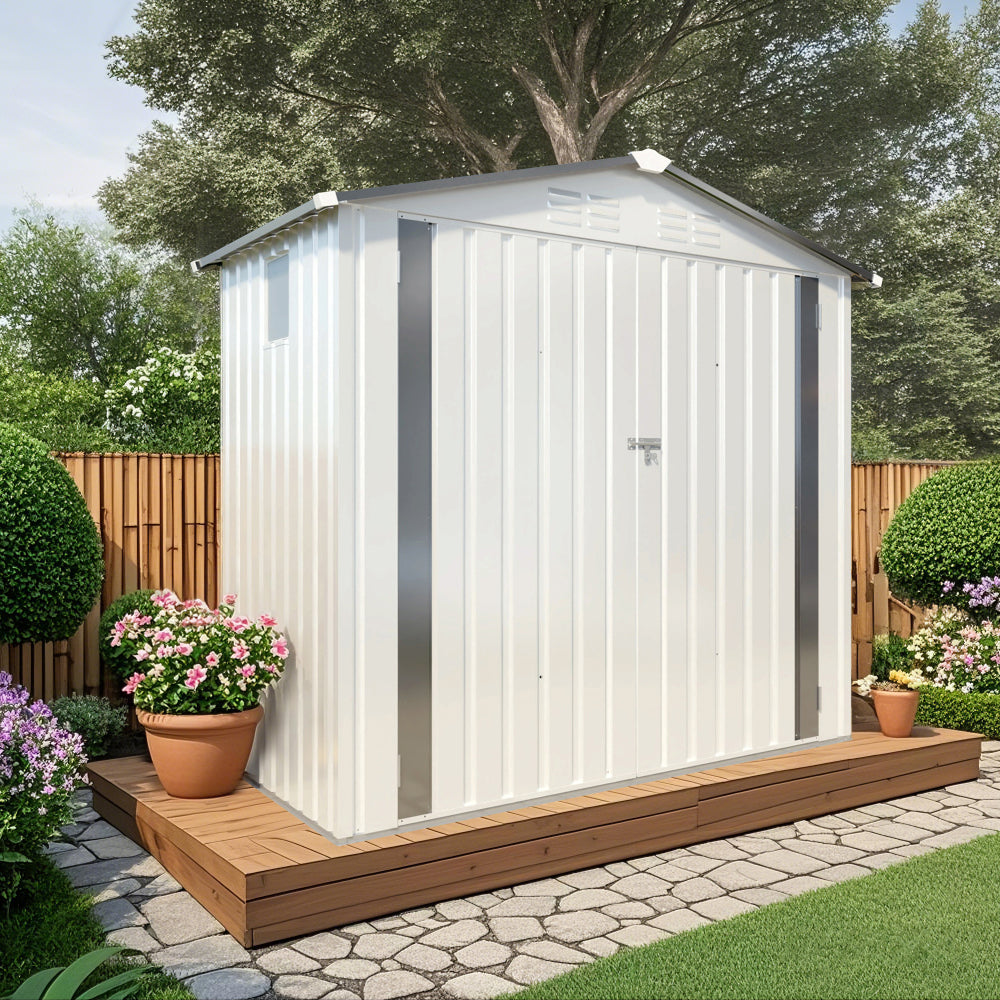 6X3.5FT Metal Storage Shed,Tool Shed with Peaked Roof Waterproof with Clear Window and Lockable Door Compact Tool Shed for Garden, Backyard,Patio,Sundries and Bike Storage, White