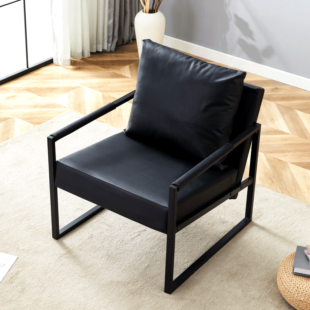 Set of 1 Classic Black PU Leather and Metal Frame Sofa -Ergonomically designed, a perfect blend of modern and industrial styles, with product dimensions of 27*29.7*29.6 inches.