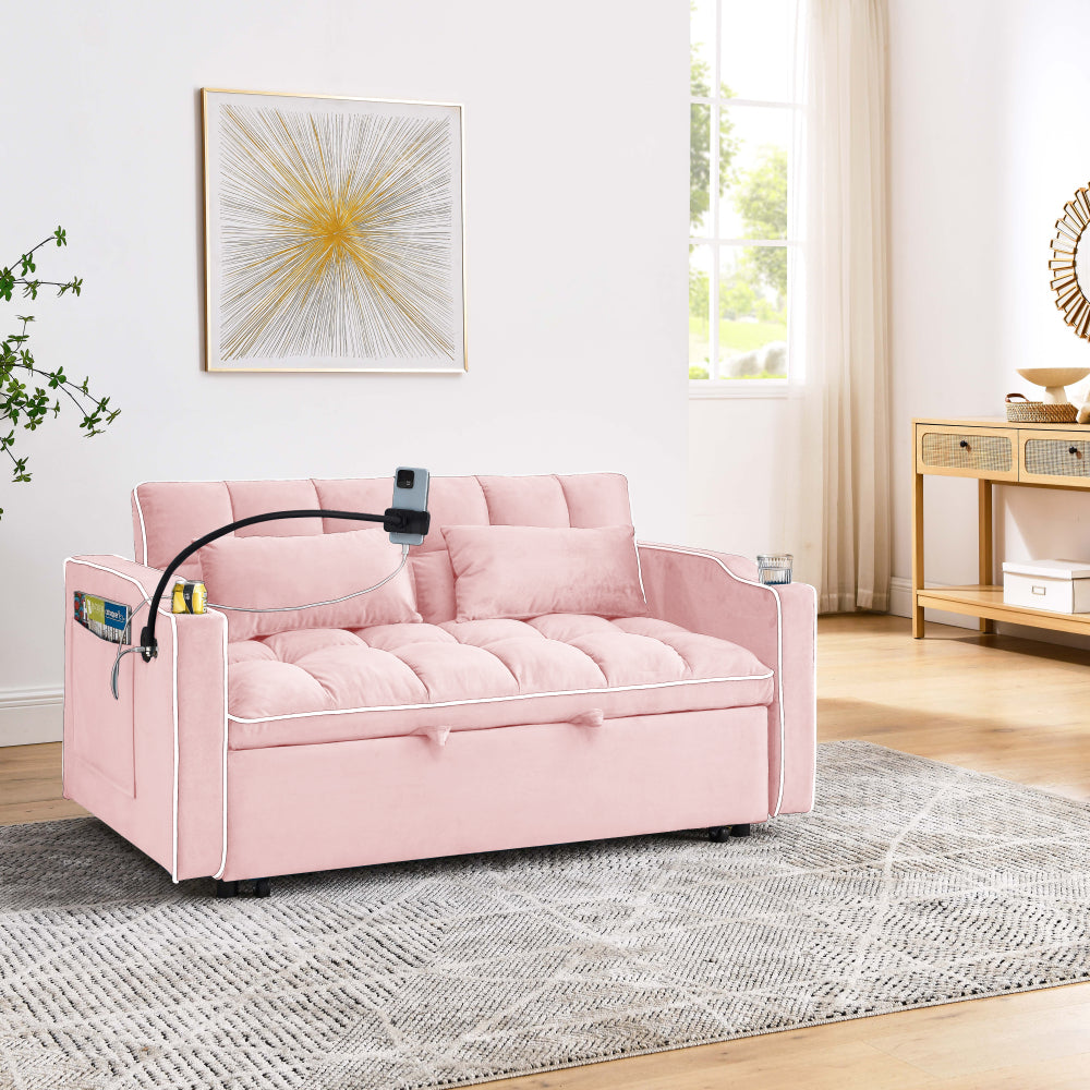 55.51 inch versatile foldable sofa bed in 3 lengths, modern sofa sofa sofa velvet pull-out bed, adjustable back and with USB port and ashtray and swivel phone stand (PINK)