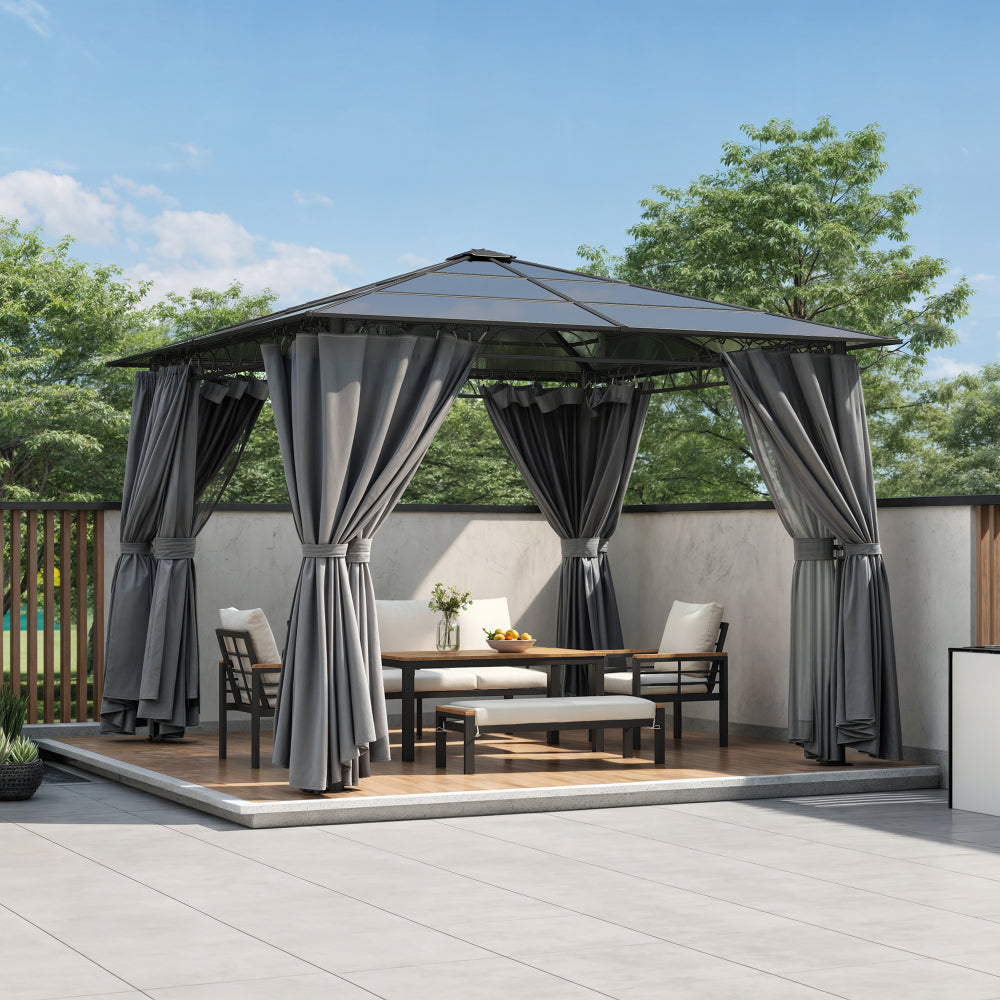 TREXM 10'x10' Hardtop Outdoor Gazebo with Polycarbonate Roof, Patio Gazebo with Aluminum Frame, Mosquito Netting and Privacy Screens for Shade and Rain, Backyard Tent for Backyard, Garden, Lawn (Grey)