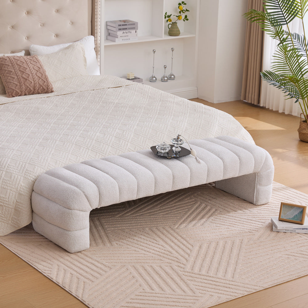 69.7"Wide Modern Upholstered Armless Bed Bench, Channel Tufted Couch Daybed Chaise, Chenille Ottoman Foot Stool for Living Room and Bedroom, Entryway, Ivory