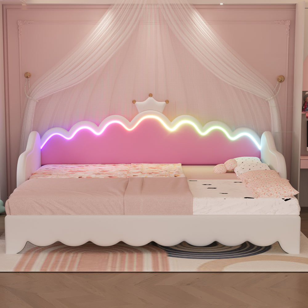 Twin Extending Daybed with LED Lights, Modern Upholstered Princess Daybed With Crown Headboard,White