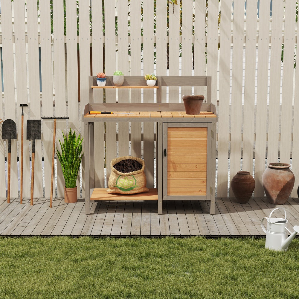 Outdoor Wooden Potting Bench Table with Sink, Garden Table Work Bench with Storage, Workstation for Outside Patio Lawn