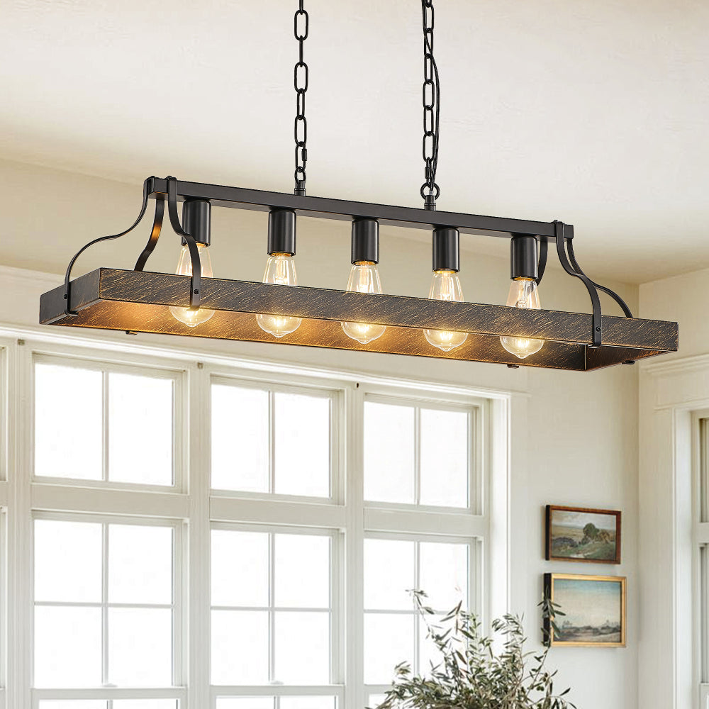 34-Inch Black Industrial Pendant Light with 5 E26 Bulb Sockets, Adjustable Chain Height – Modern Farmhouse Linear Chandelier for Dining Room, Kitchen Island, or Living Room (Bulb Not Included)