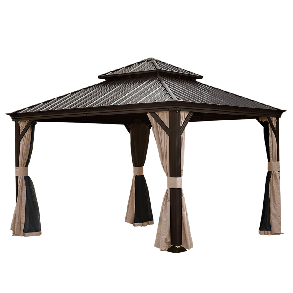 12' X 12' Hardtop Gazebo, Upgraded Metal Gazebo with Drainage System, Dual-Layer Galvanized Steel Roof, Curtain and Netting, Outdoor Shelter Canopy for Patio, Garden, and Backyard, Brown