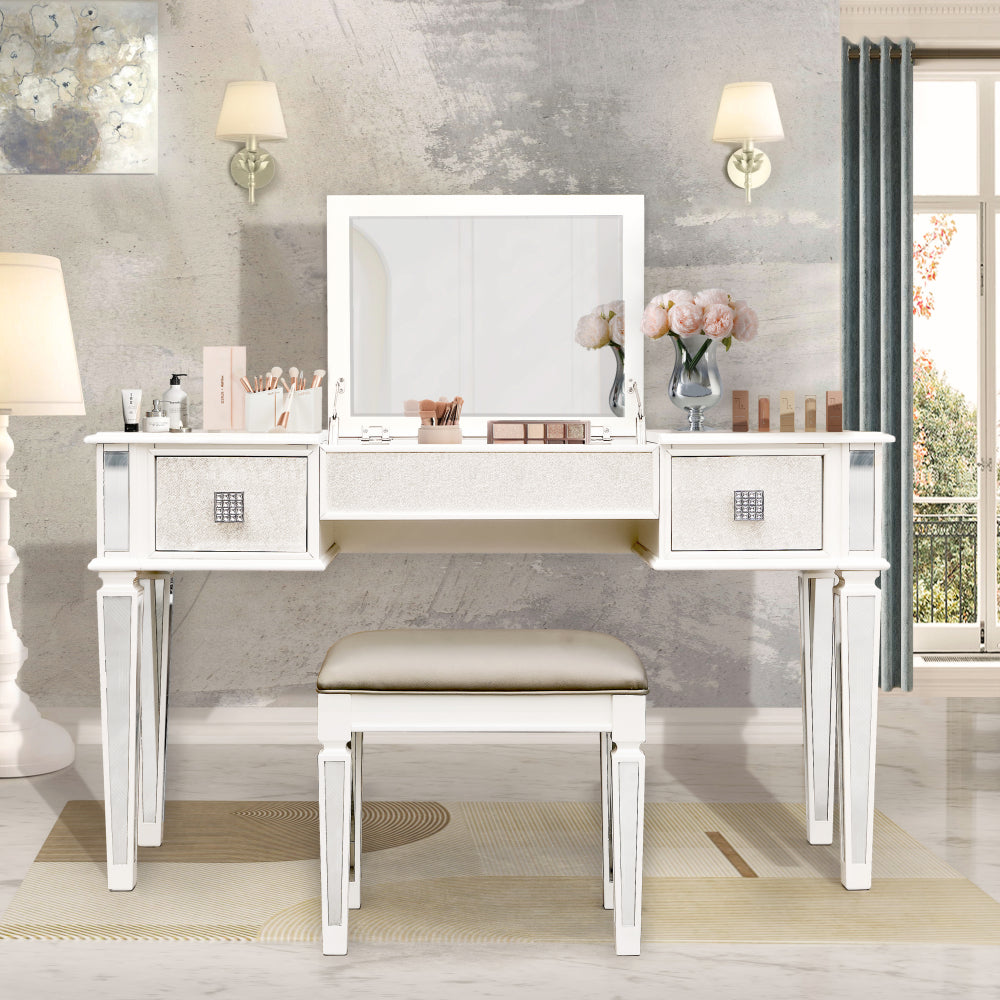 Mirrored Vanities Desk with Drawers, Bedroom Makeup Vanity Table Set with Mirror and Stool, Flip Up Dressing Table for Bedroom/Makeup Room, Working Desk for Women, Girl Furniture Combo