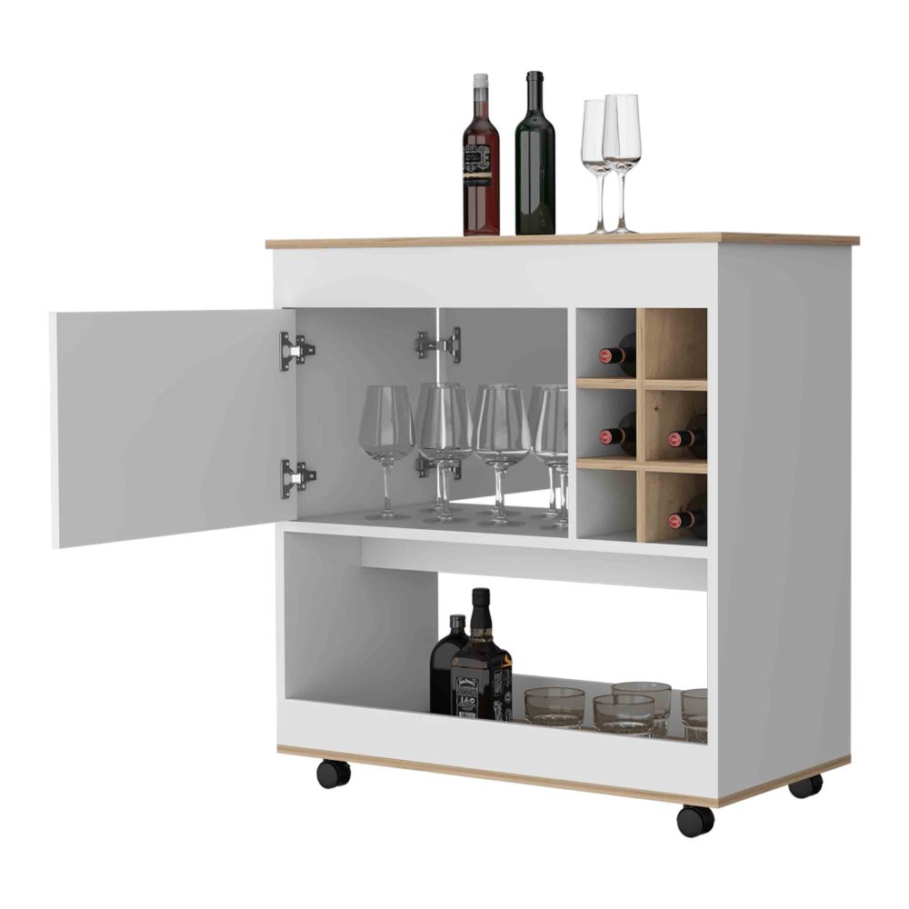 Texas Bar Cart, One Cabinet, Six Bottle Cubbies, One Lower Panel, Four Casters
