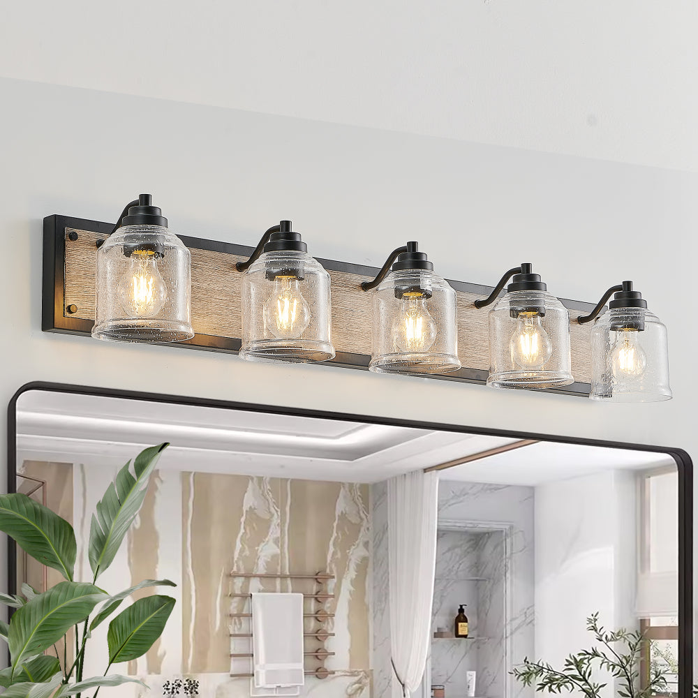 32" Farmhouse Vanity Light Fixture, 4-Light Bathroom Wall Sconce with Clear Seeded Glass Shades, Black and Wood Grain Finish, Modern Industrial Design for Bathroom or Powder Room (No Bulbs)