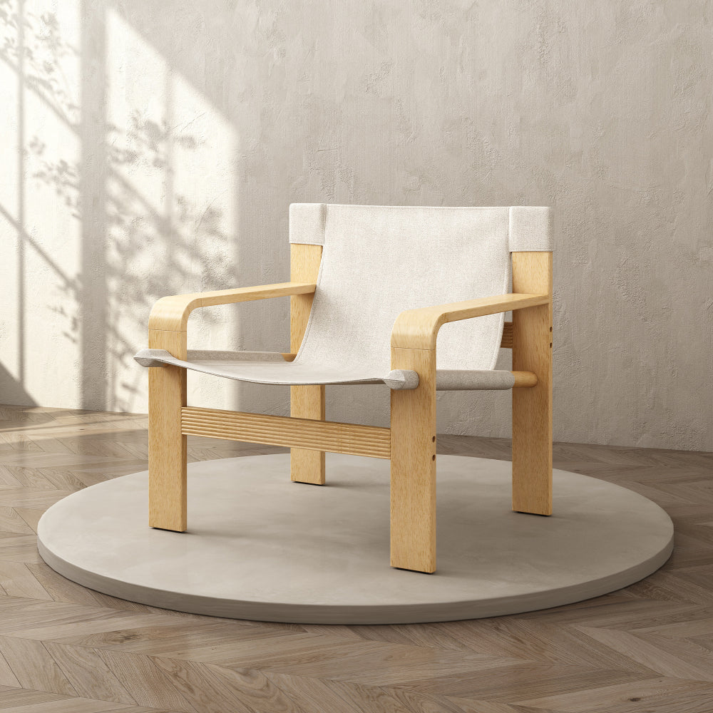 Detachable and washable Oak Accent Chair Wide Armrest Mid-Century Lounge Chair Linen Fabric Armchair & Solid Wood Frame for Living Room, Bedroom, Balcony, (White)