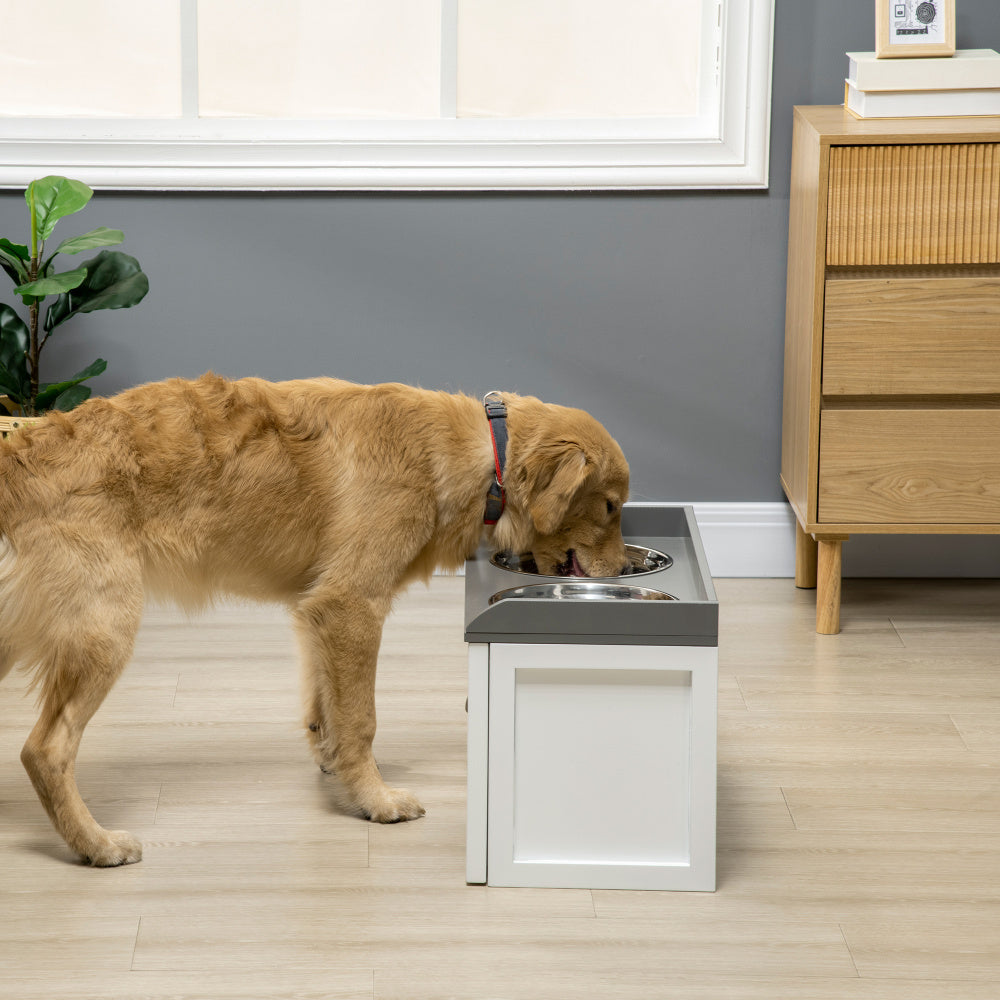 PawHut Dog Feeding Station with Storage Drawer, Dog Food Storage Cabinet with 2 Removable Elevated Dog Bowls for Large Sized Dogs, White