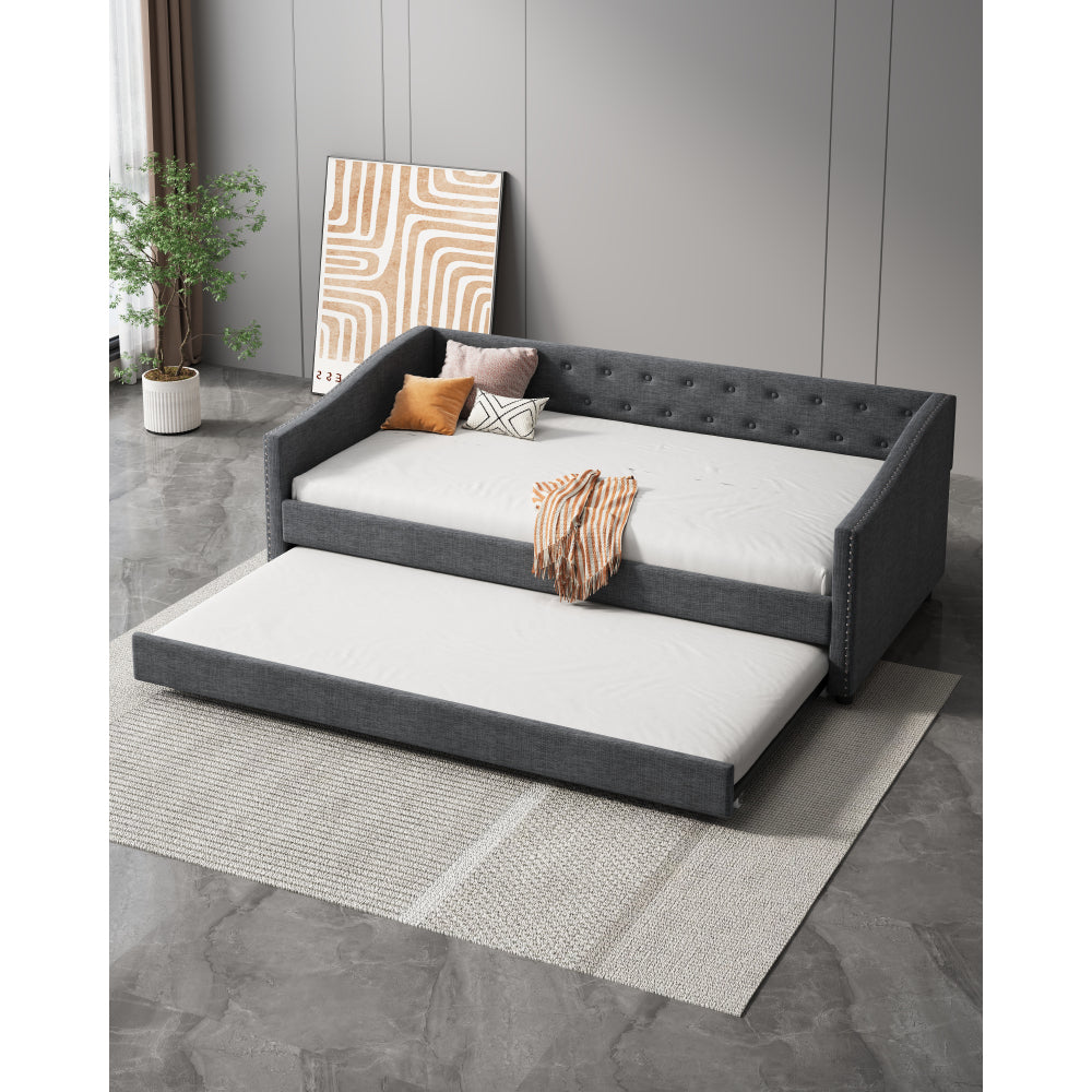 Twin Size Daybed with Drawers Upholstered Tufted Sofa Bed, with Button on Back and Piping on Waved Shape Arms-Light Grey