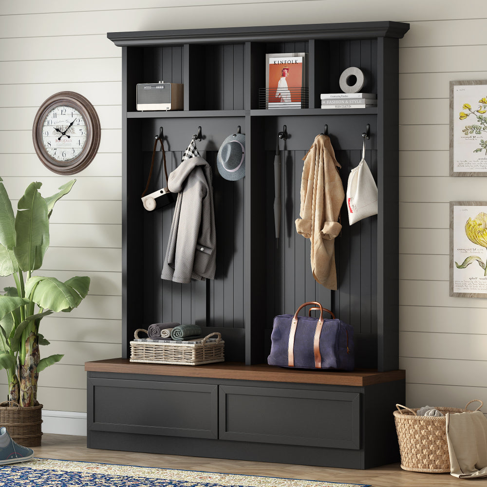 [Assembly Video] Farmhouse  4-in-1 Hall Tree with Wood Grain Bench, Mudroom Versatile Coat Rack with 2 Large Drawer, Large Entrance Organizer with 6 Black Hooks for Hallway, Living Room, Black, 55.9"W