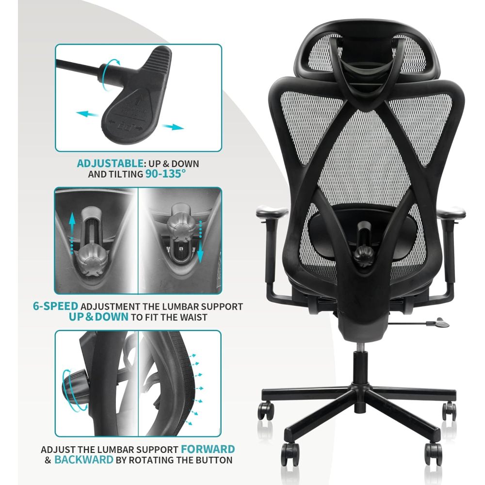 Mesh Office Chair,Ergonomic Office Chairs with Wheels,Adjustable Lumbar Support,Armrest,Headrest-Tilt High Back Desk Chair with Mute Wheel for Office, Home, Gaming