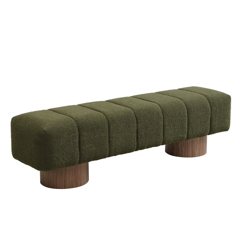 Upholstered Dining Bench for Dining Room, No-Assembly End of Bed Entryway Bench Ottoman for Bedroom Living Room, Green Boucle Fabric Stool Top Wood Leg 300 LBS Weight Capacity