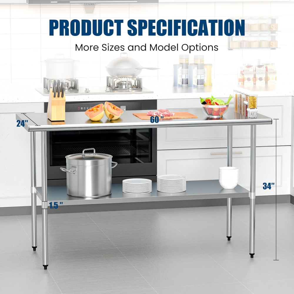 Stainless Steel Table 24 x 60 Inches Metal Prep Table with Adjustable Undershelf, Stainless Table for Commercial Kitchen, Outdoor, Restaurant, Hotel & Garage