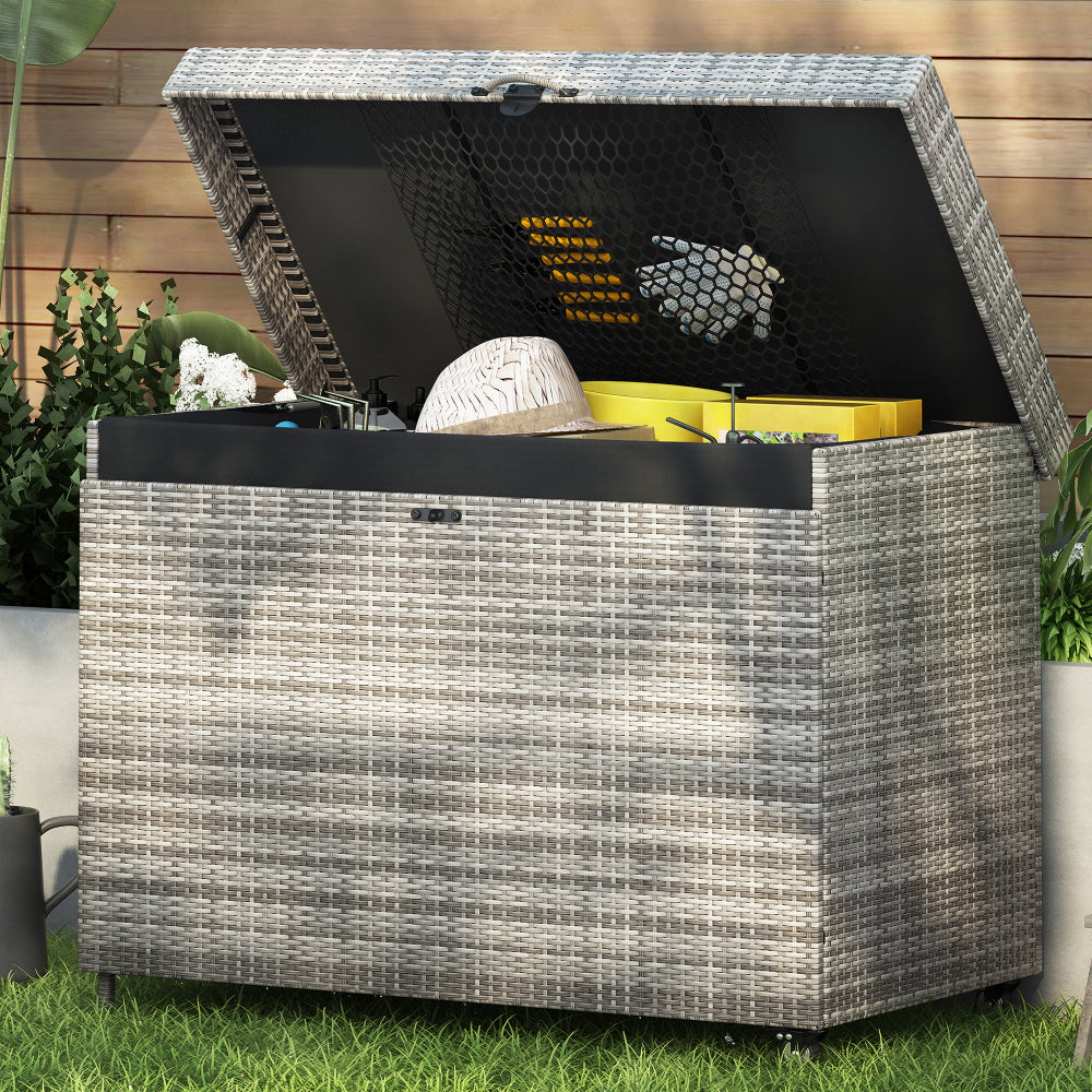 K&K 230 Gallon Wicker Deck Box with Wheels, All-Weather Outdoor Storage Box, Rattan Storage Bin for Patio Furniture, Outdoor Cushions, Pool Storage and Garden Tools - Grey