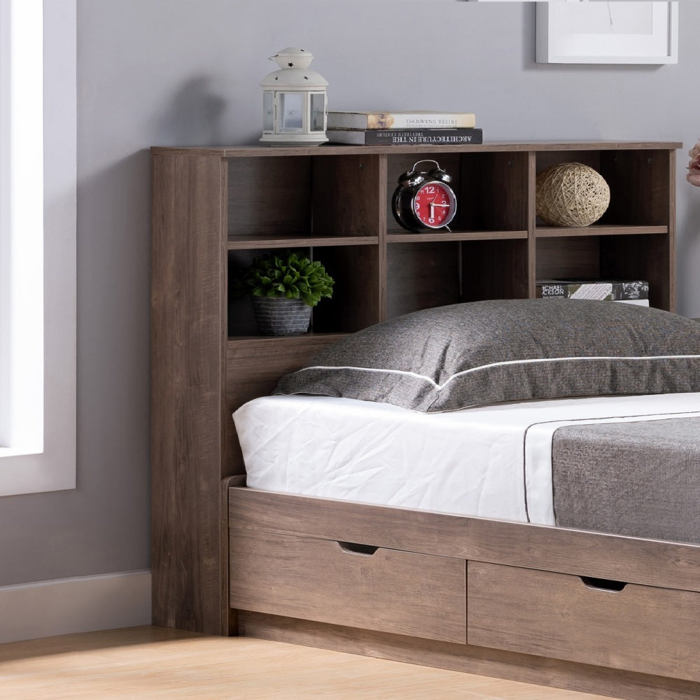 Full bookcase headboard six shelves three shelves adjustable top panel rounded corners hazelnut color