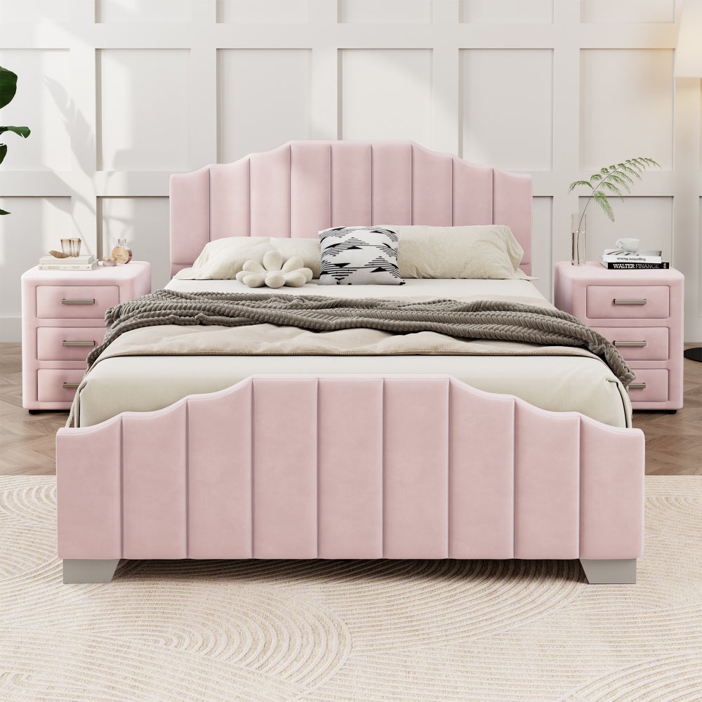 3 Pieces Bedroom Sets Queen Size Velvet Upholstered Platform Bed Vertical Channel Tufted Headboard and Two Three-drawer Nightstands,Pink