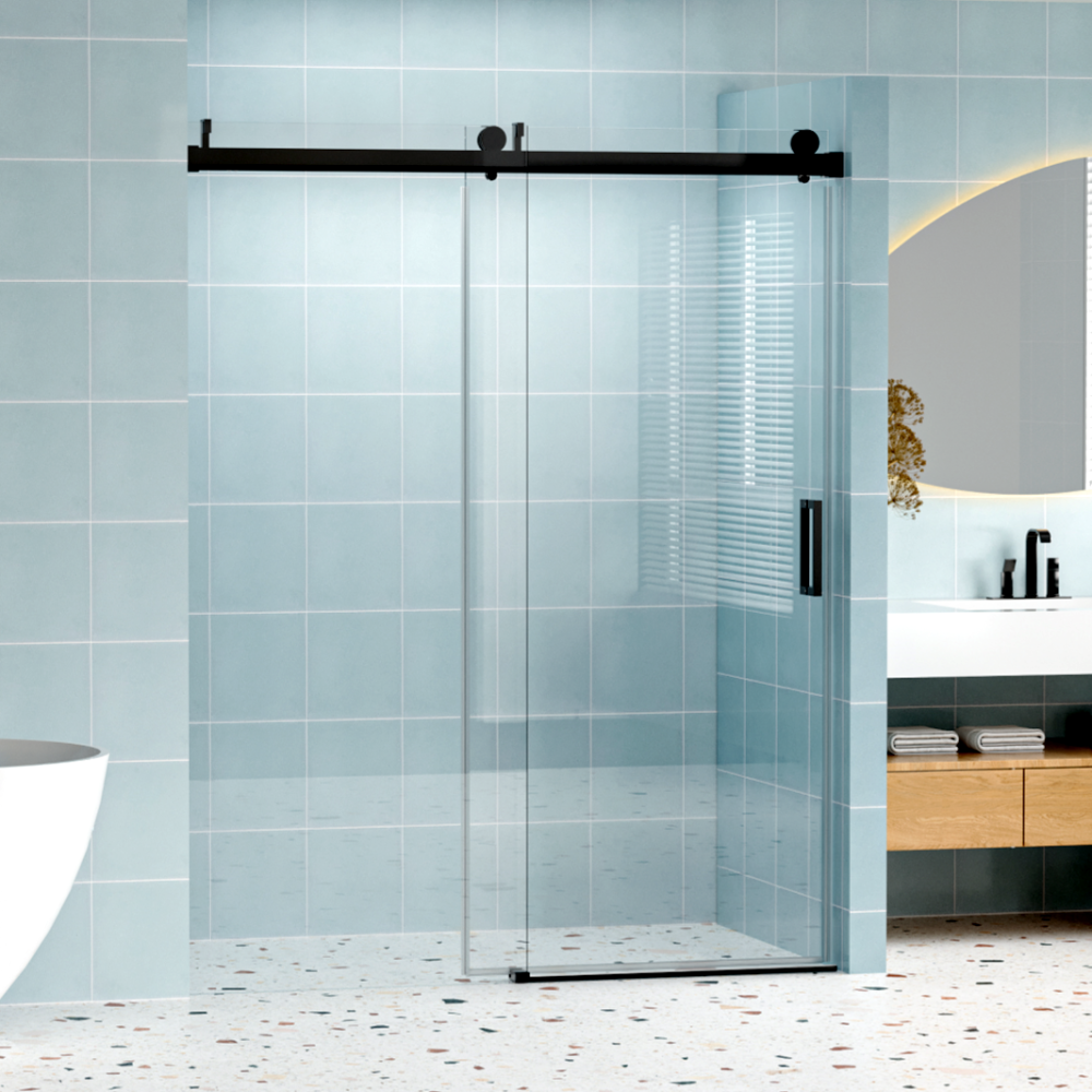 56" - 60" (W) x 76" (H) Frameless Soft-closing Shower Door, 1/4" (6mm) Tempered Glass Single Sliding with Explosion-proof Coating, Matte Black 24D01-60MBX
