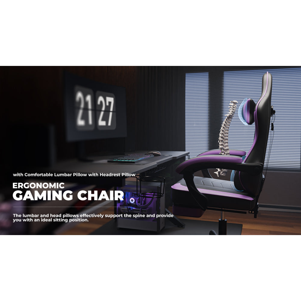 Gaming Chair, Ergonomic Computer Chair with Footrest and Massage Lumbar Support, Height Adjustable Swivel Video Game Chair for Adults, 300lb Max, Black Purple