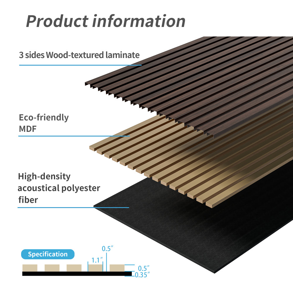 Wood Panels for Wall Slat Wall Panels, 2PC Wood Slat Acoustic Panels for Wall and Ceiling - 3D Fluted Sound Absorbing Panel with Three Sides Fully Wrapped on  Wood Finish -45.27''X23.62''(Dark walnut)