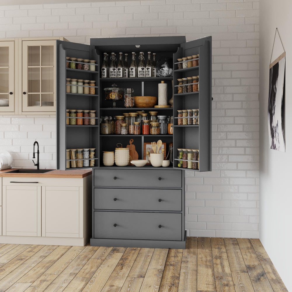 [Assembly Video Provided]TOPMAX 77inch Farmhouse Kitchen Pantry, Freestanding Tall Cupboard Storage Cabinet with 3 Adjustable Shelves, 8 Door Shelves, 3 Drawers for Kitchen, Dining Room, Gray