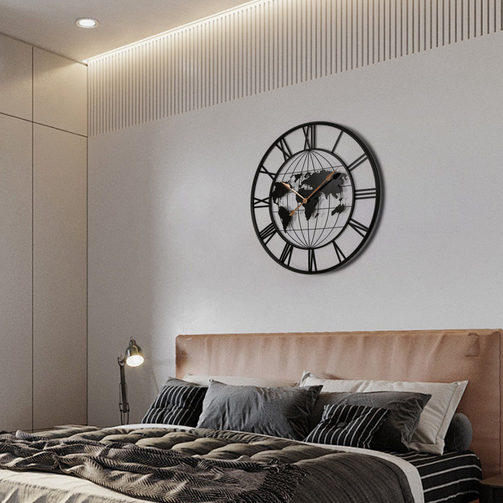 36 Inch Large Black Metal Wall Clock, Modern Silent World Map Wall Clock with Gold Pointers, Decorative for Living Room, Entryway, Dinning Room, Bedroom