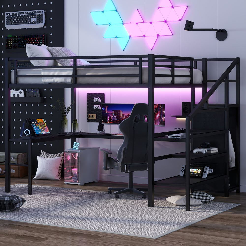 Twin XL Size Loft Bed with L-shaped Desk and USB, Metal Loft Bed with Wardrobe and Adjustable Shelf, High Loft Bed with LED for Kids Teens Adults, Black