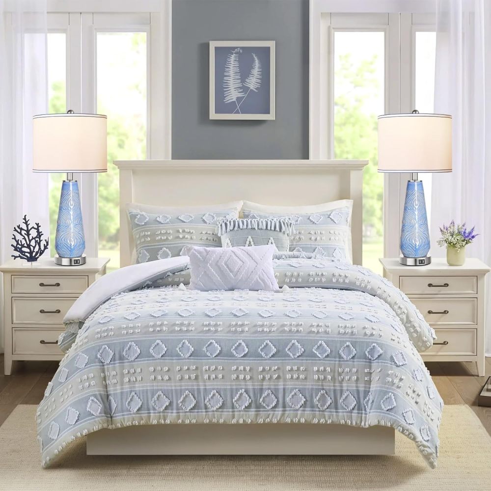 Modern Table Lamp Set of 2 Touch Control, 27" Tall Blue Art Ceramic Bedside Lamp with USB Ports, 3-Way Dimmable Hand Crafted Nightstand Lamps with White Shade for Living Room Bedroom Office