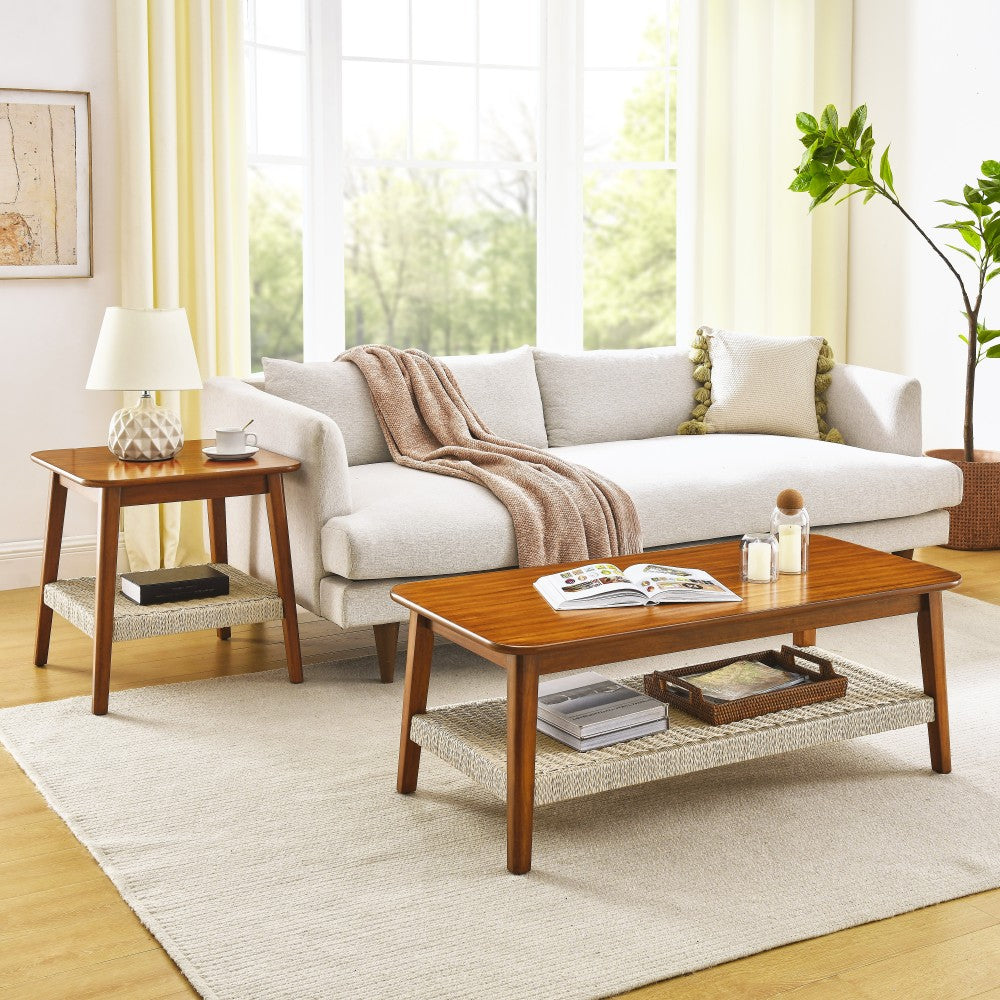 23" Mid-Century Side Table with Woven Shelf, Boho Side Table with Storage, Bedside Tables, Small Side Table for Living Room Couch Patio Home Office