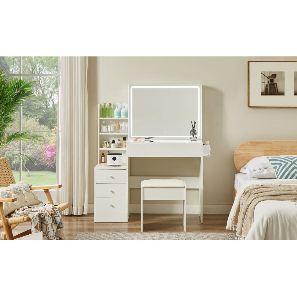 Vanity table with LED-lit mirror with power outlet and hairdryer shelving, with 4 drawers and upholstered stool, brightness adjustable in 3 lighting modes, storage table, White,43.3"L *15.7"W *55.4"H