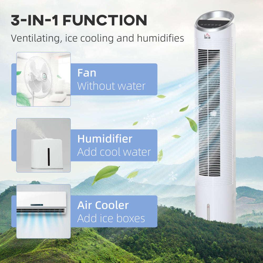 HOMCOM 40" Evaporative Air Cooler with Water Tank, 3-In-1 Ice Cooling Fan with Humidifier, 52° Oscillating Portable Swamp Cooler for Home Office, 3 Modes, 3 Speeds, 8H Timer, Remote, White