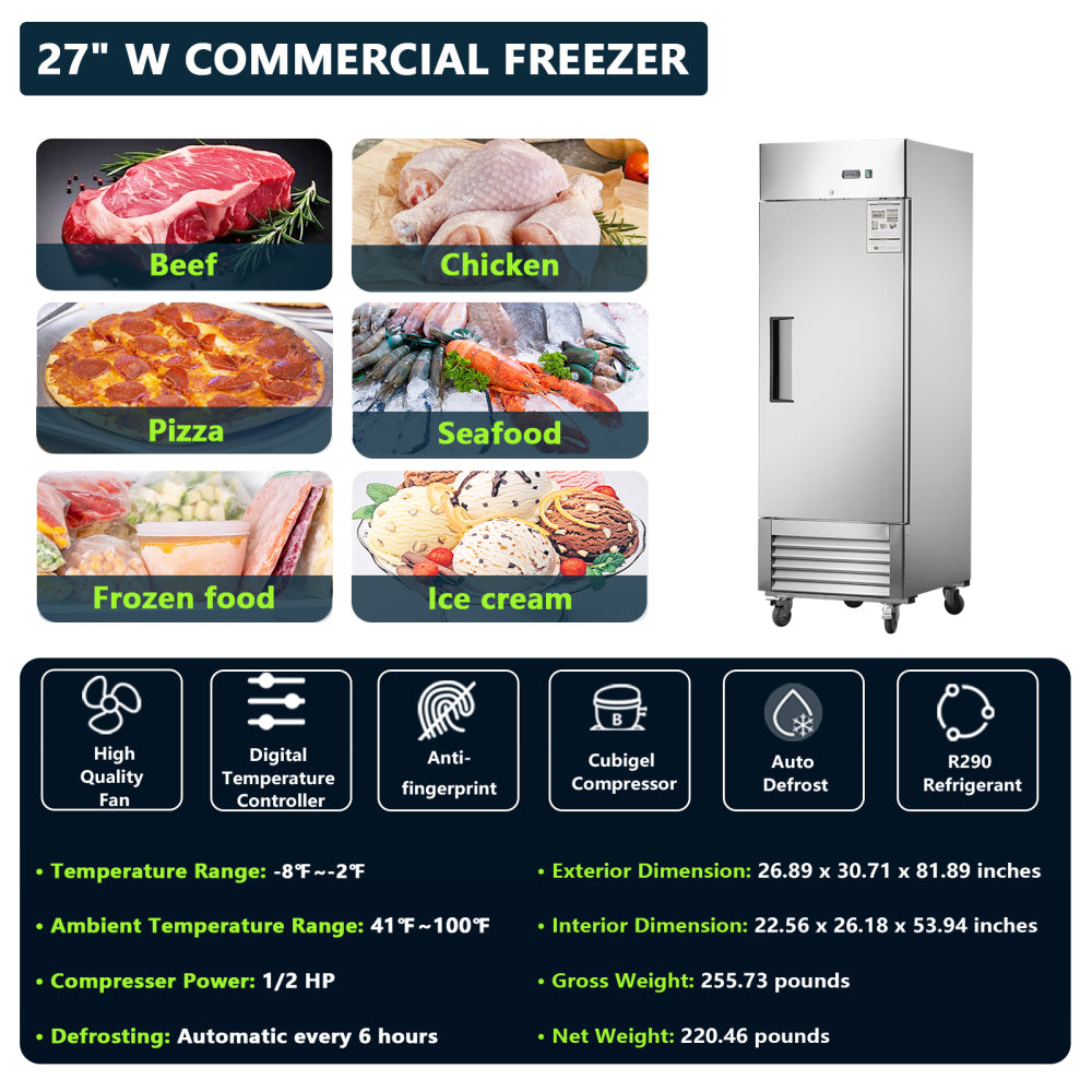 27"W Commercial Freezer Single Solid Door Stainless Steel Interior and Exterior Construction Reach-in Freezer 18.68 Cu.ft. Upright Fan Cooling Freezer for Restaurants and Commercial Environments