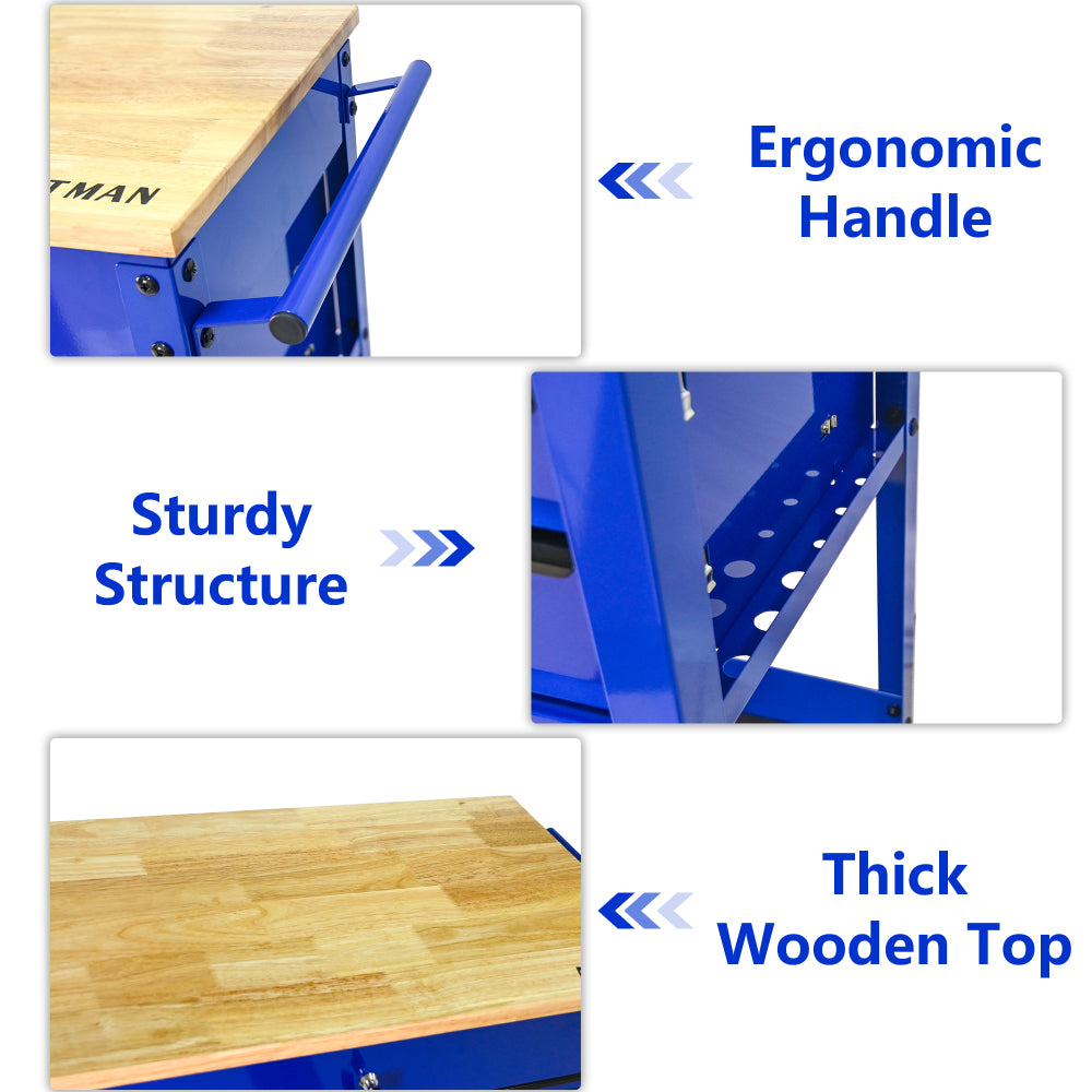 3 DRAWERS MULTIFUNCTIONAL TOOL CART WITH WHEELS AND WOODEN TOP-Blue