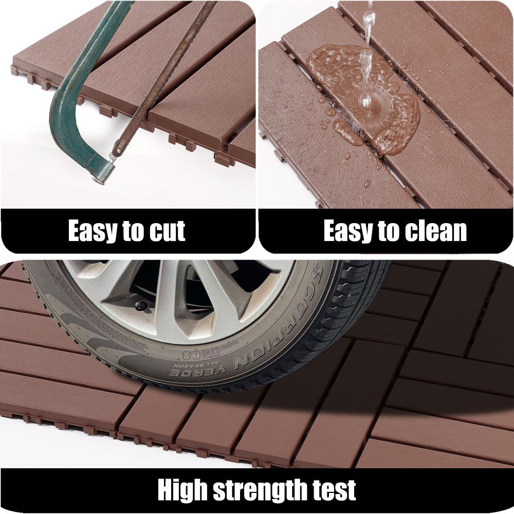 Plastic interlocking decking tiles, 44 packs of terrace decking tiles, 12 inches x 12 inches waterproof for all-weather use, backyard pool decking tiles, Brown