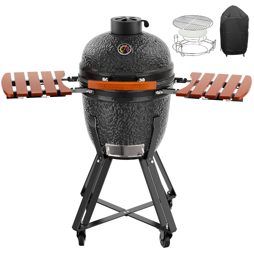 18" W Kamado Portable Charcoal Grill with Side Shelves and Cover, Black