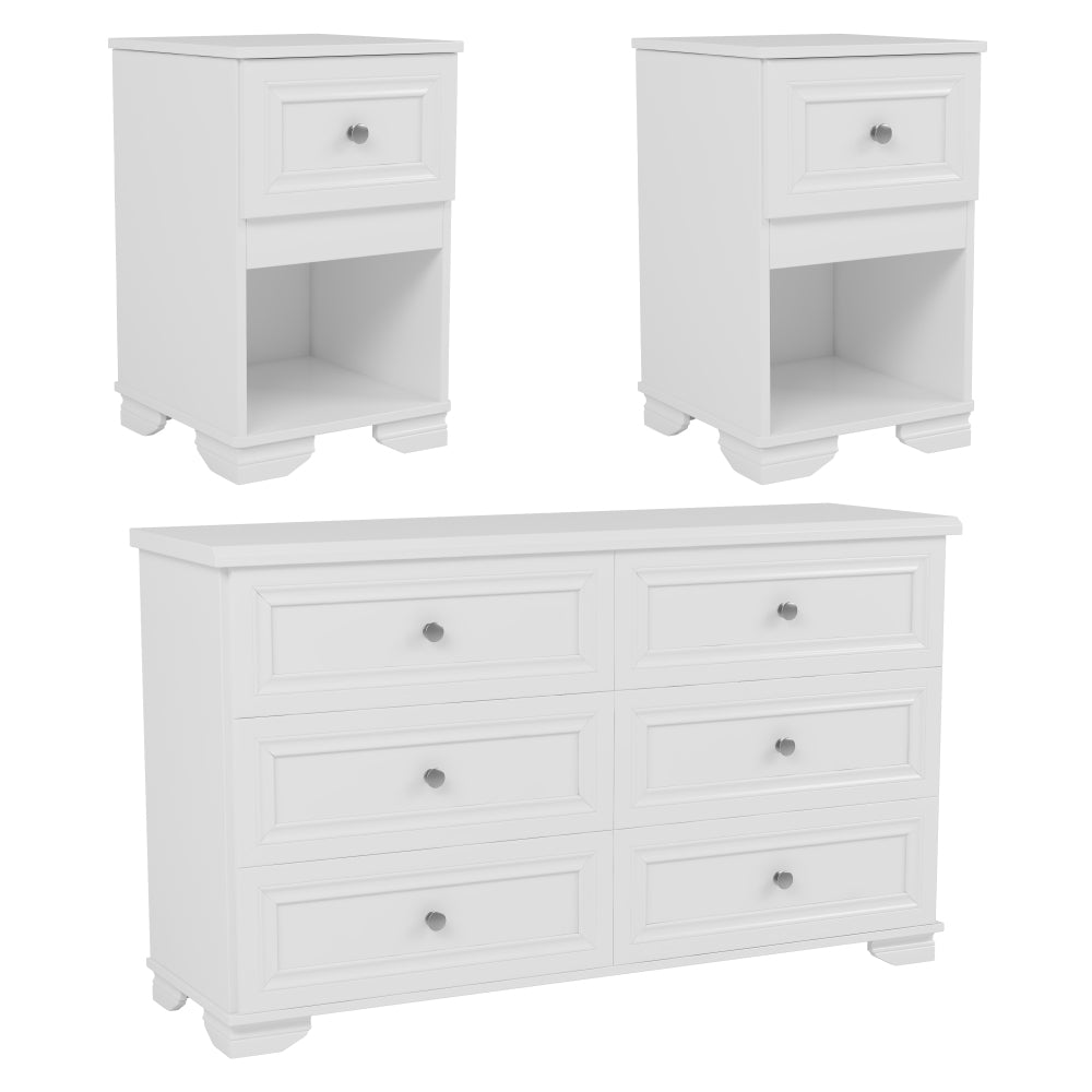 3-Pieces Bedroom Set, 6-Drawer Dresser and Two Nightstands with Metal Handles, Elegant Design and Retro Style,White