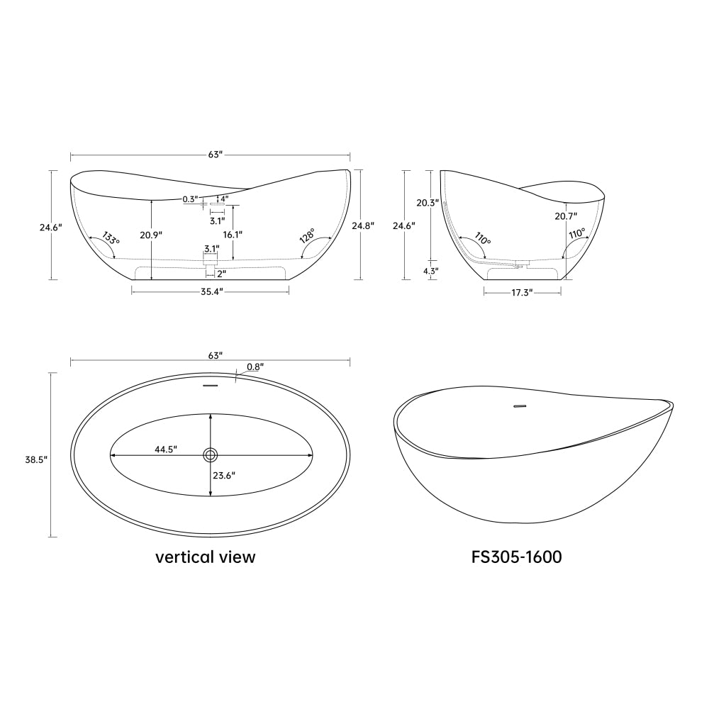 63" Premium Solid Surface Deep Soaking Bathtub